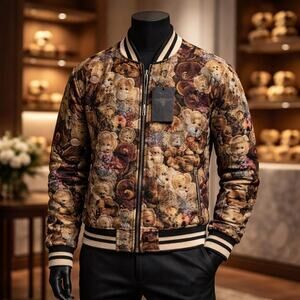Multi Faces Teddy Bears Varsity Bomber Tapestry Jacket Size M NWT